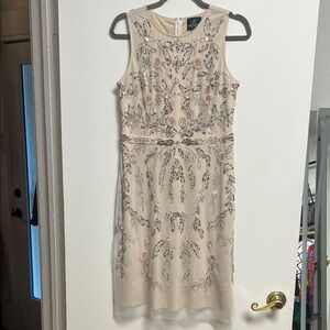 Adrianna Papell Cream Tulle Pink Silver Floral Beaded A-Line Dress 8 Bridal